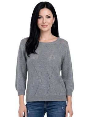 Roz & Ali Gray Argyle Pattered Crew Neck Quarter Sleeve Sweater Size M